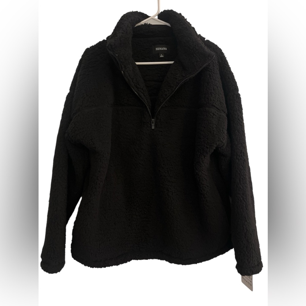 ZENANA NWT Women Large Sherpa Fleece 1/4 Zip Mock Neck Pullover Black